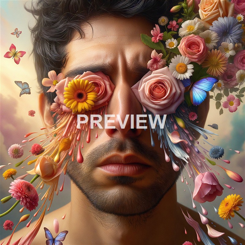 A surreal digital artwork of a man's face with eyes replaced by pink roses, with petals, flowers, and butterflies spilling out around him, creating a dreamlike and artistic scene.